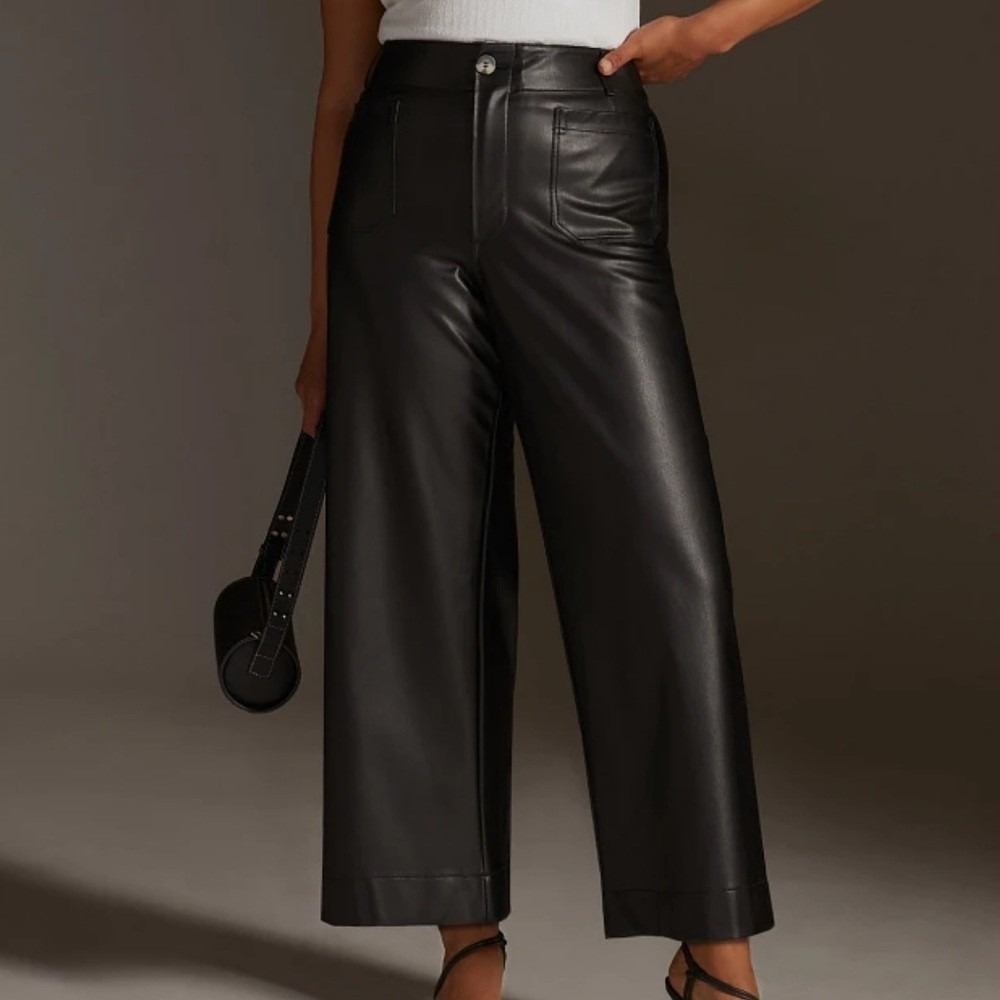 Maeve Anthropologie The Colette Faux Leather Wide Leg Cropped Pants Black 16W